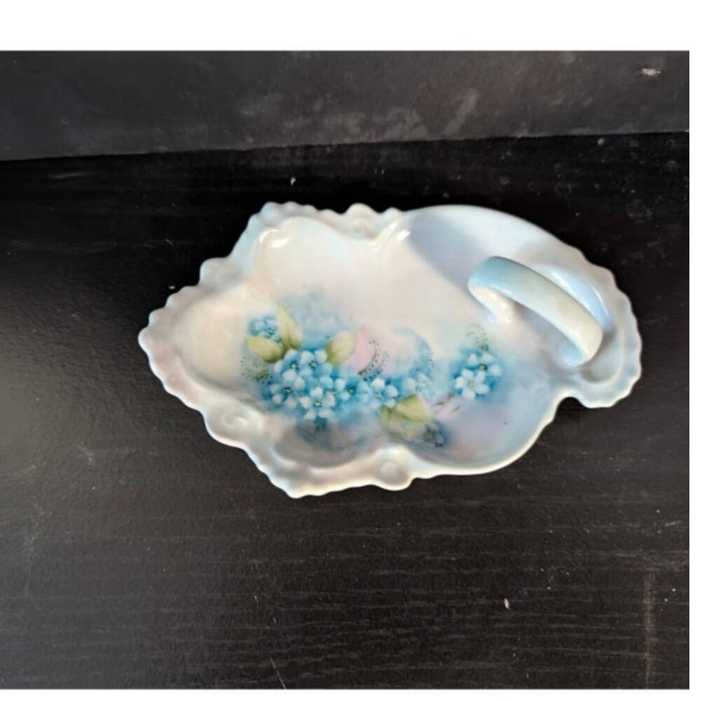 Trinket Dish 70s Porcelain Painted tray Hydrangea Flowers Nappy Mini finger hole